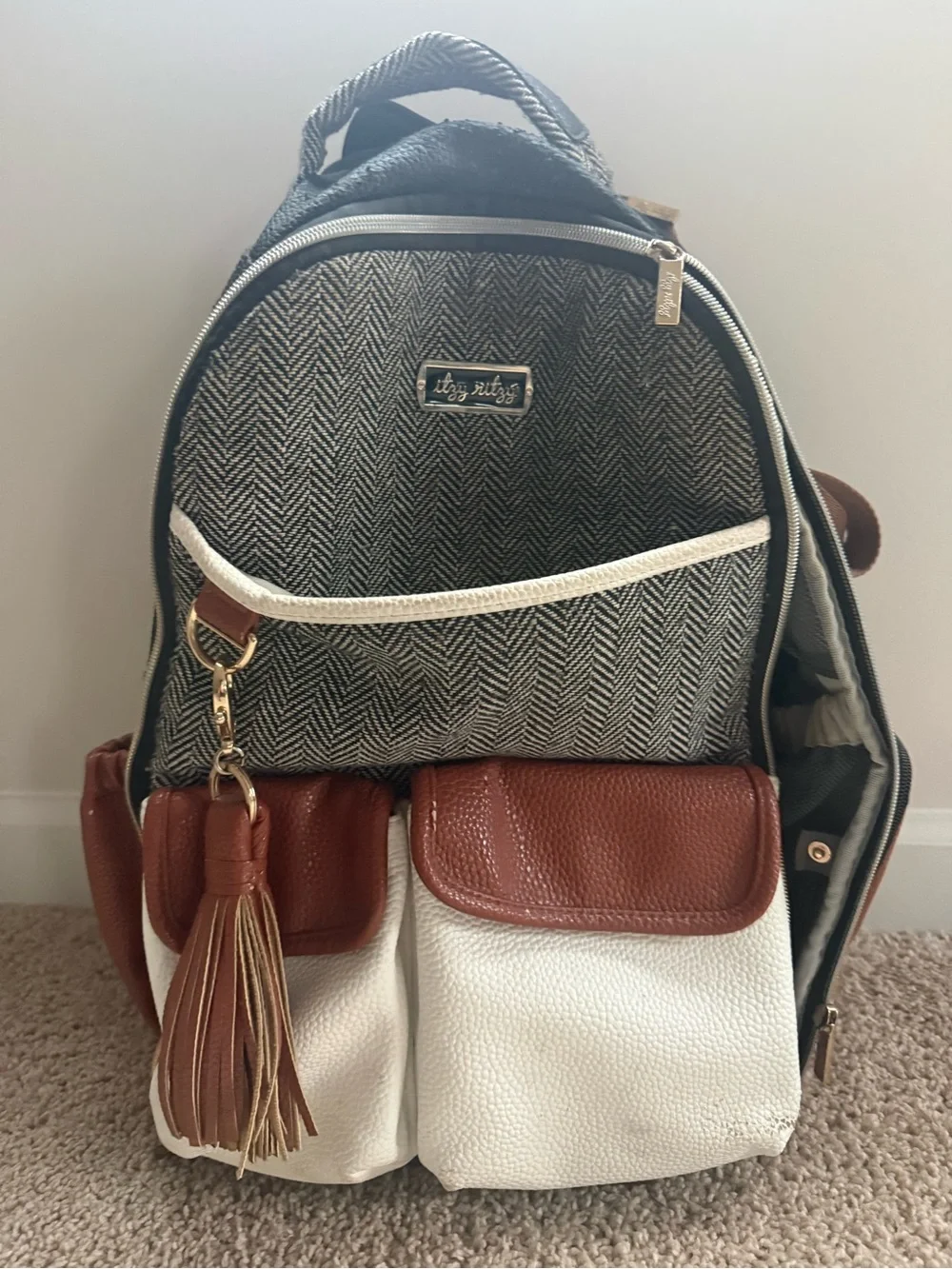 Itzy Ritzy Herringbone Boss Plus Diaper Bag Coffee and Cream
